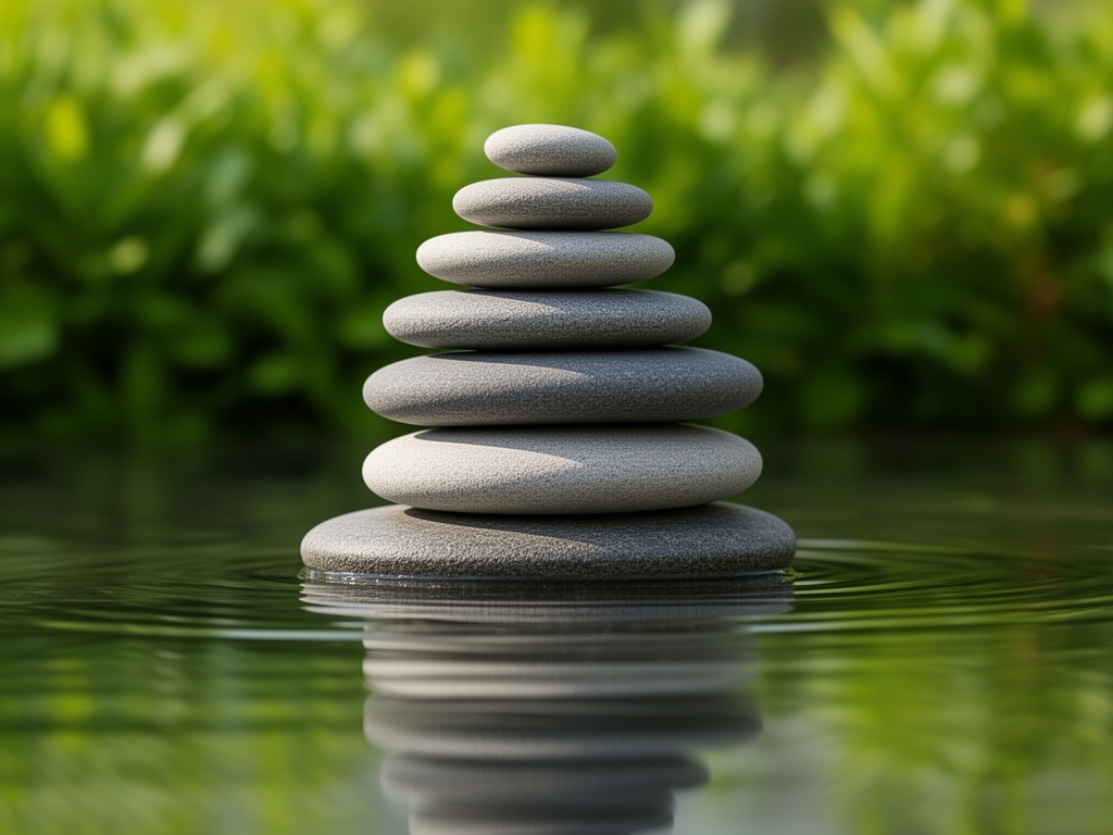 Spokojne kamienie zen ułożone w stos nad wodą o gładkiej powierzchni, w otoczeniu zieleni i naturalnego światła