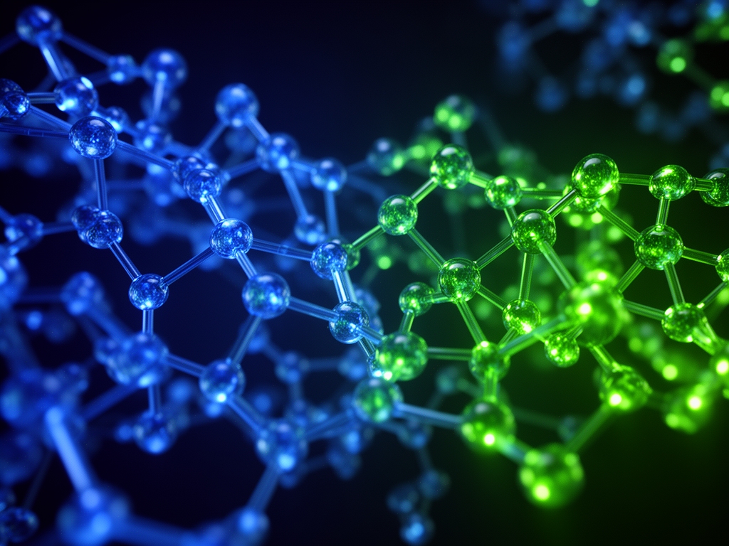 Abstrakcyjna wizualizacja molekularna przedstawiająca połączenia między atomami w postaci świecących niebieskich i zielonych węzłów na ciemnym tle